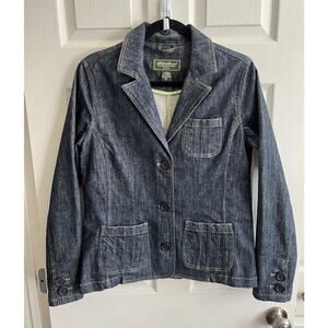 EDDIE BAUER Women's Y2K-Style Dark Denim Fitted Stretch Jean Jacket Sz M Tall